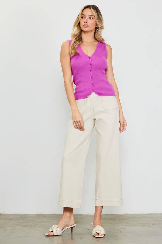 Sleeveless Ribbed Button-Down Top