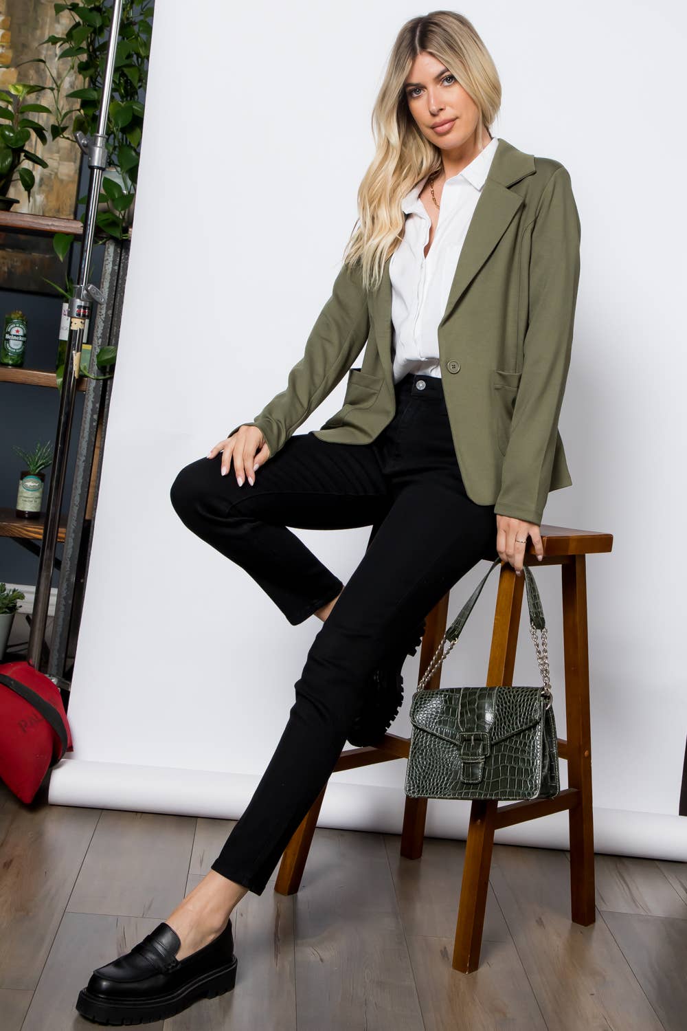 Ponte One Button Front /w Patch Pocket Blazer: Sage / M