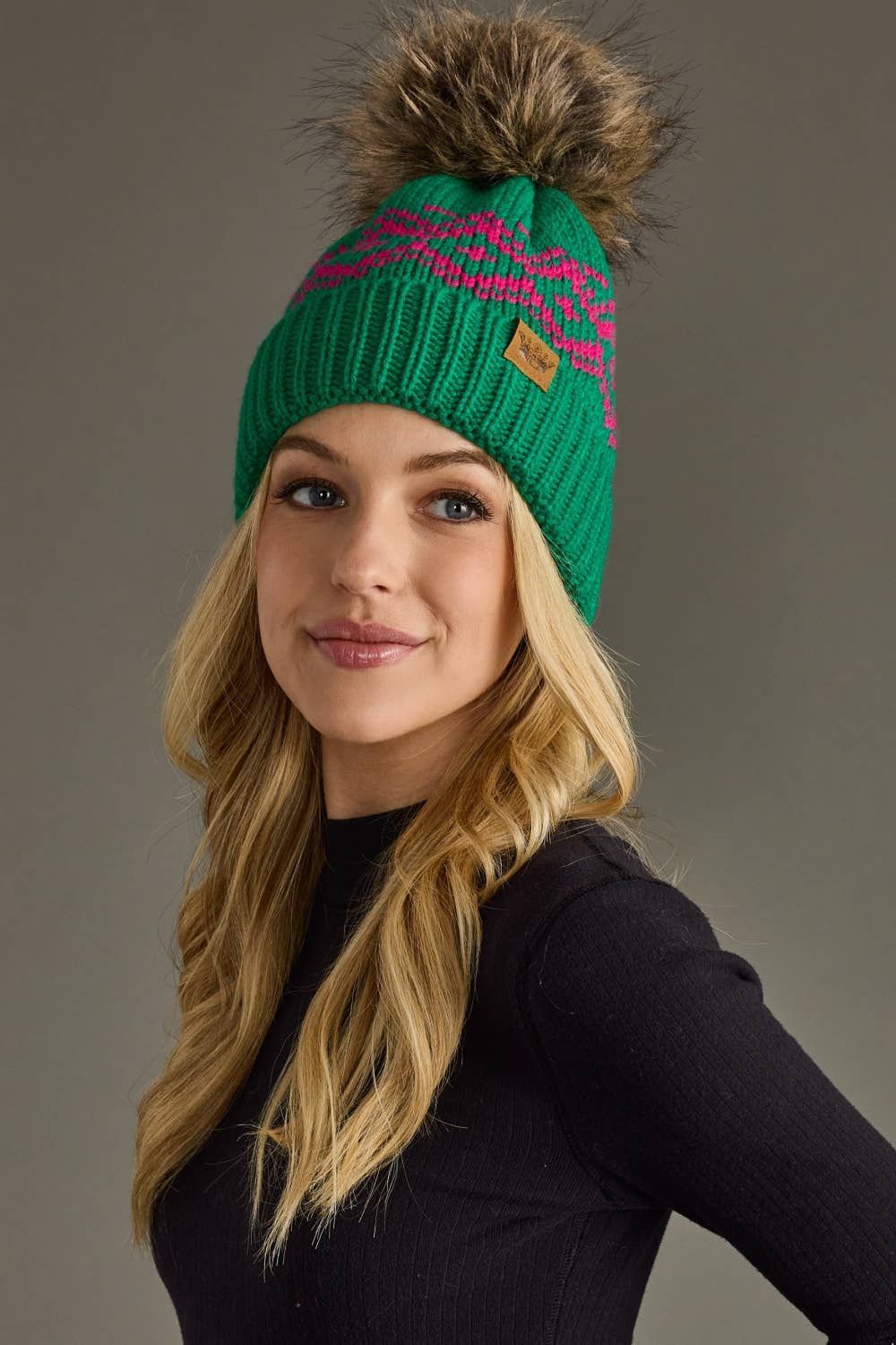 Green & Speckled Patterned Pom Hat