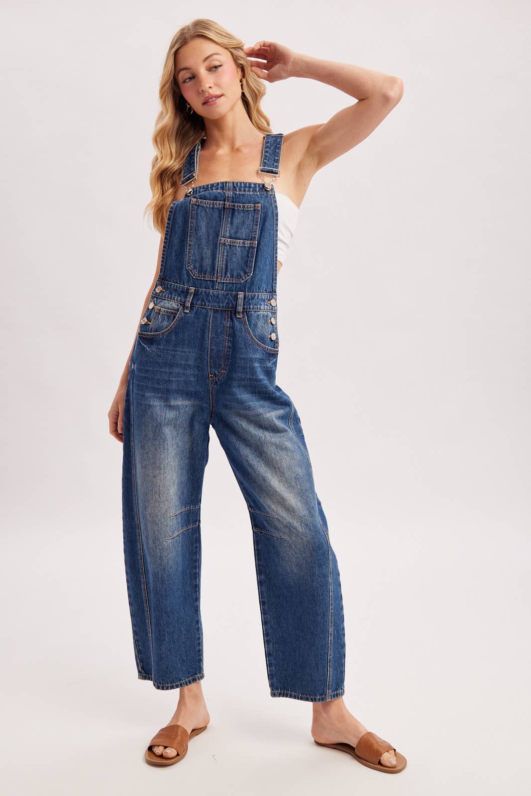 DENIM BARREL OVERALLS: DK.WASH / L