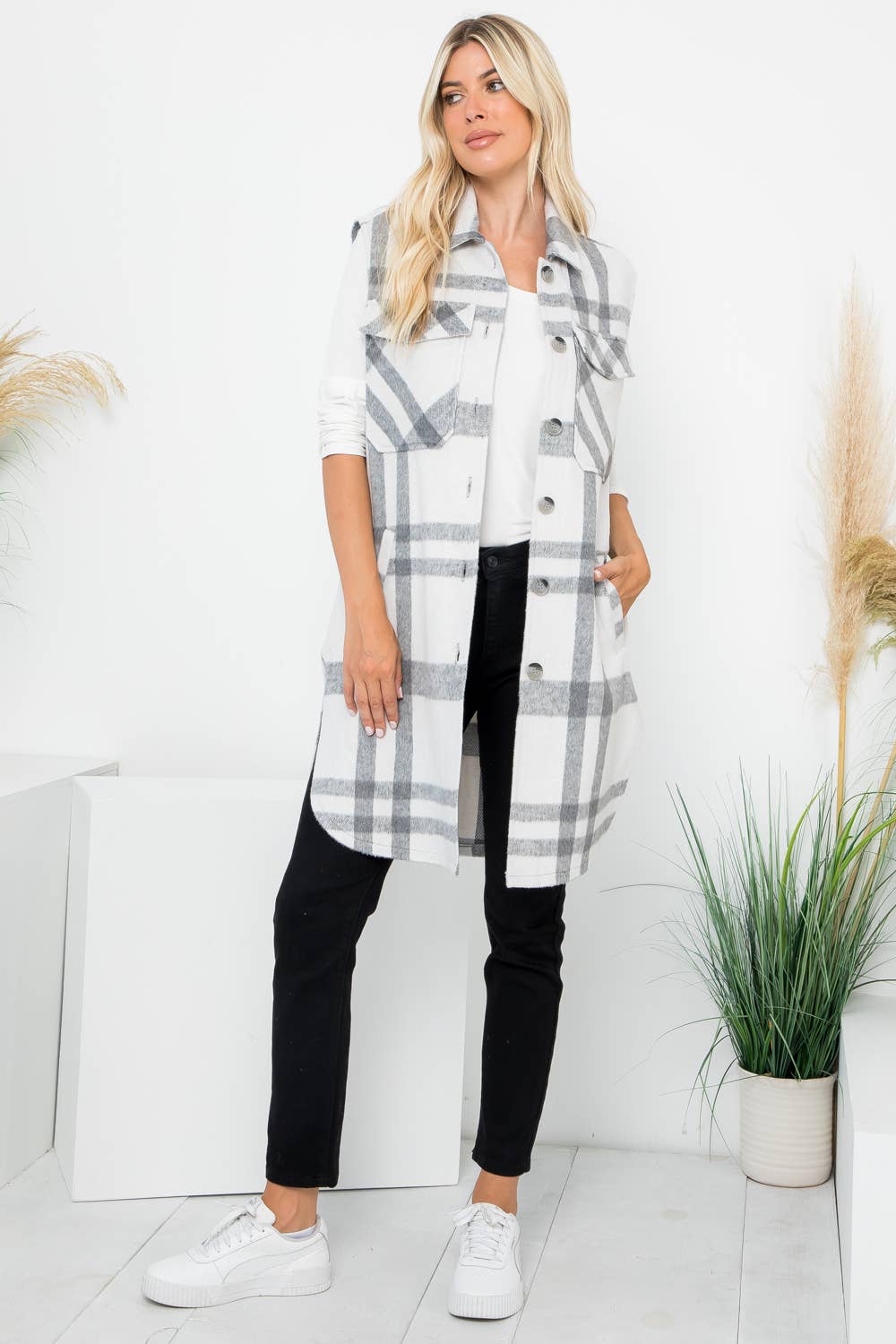 Plaid Print Long Vest