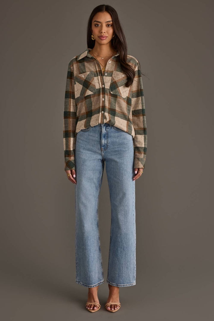 Tan, Dk. Green & Rust Plaid Button Up