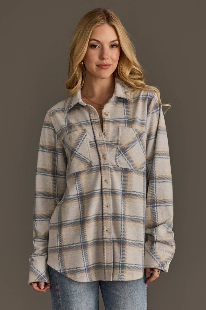 Cream, Dusty Blue & Tan Plaid Button Up