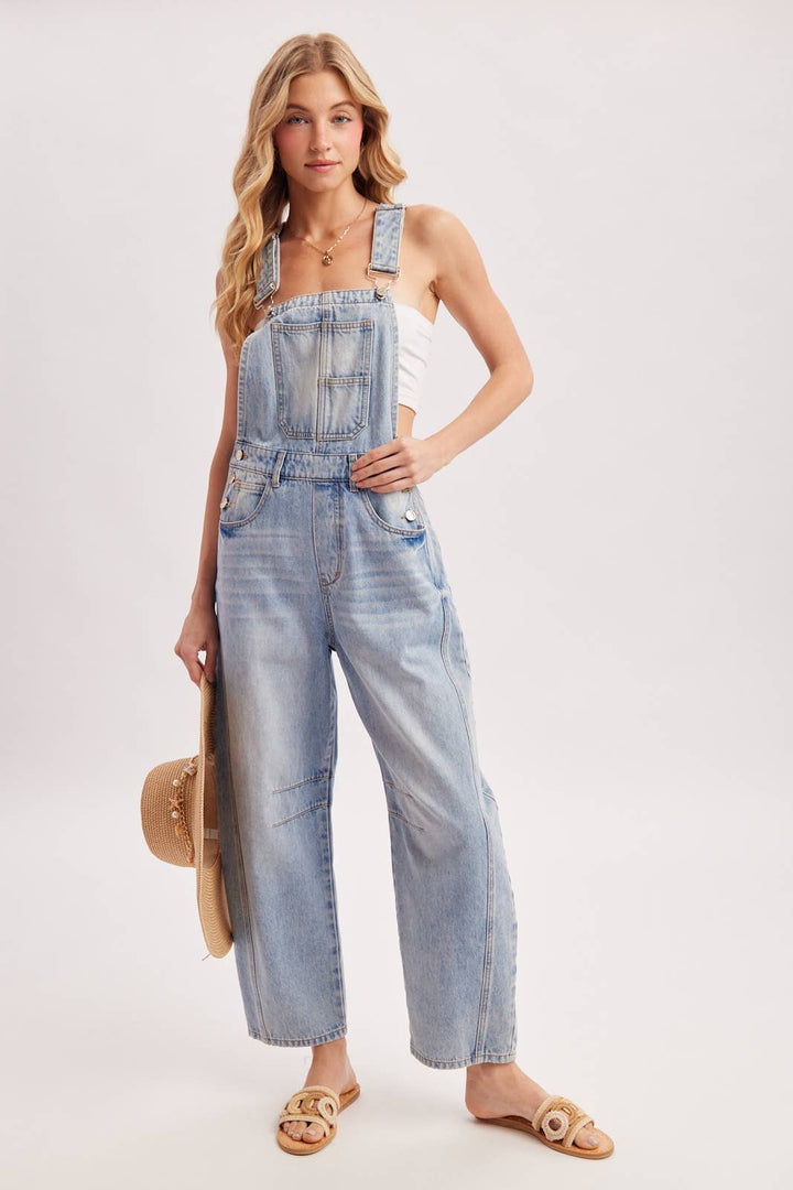 DENIM BARREL OVERALLS: DK.WASH / S