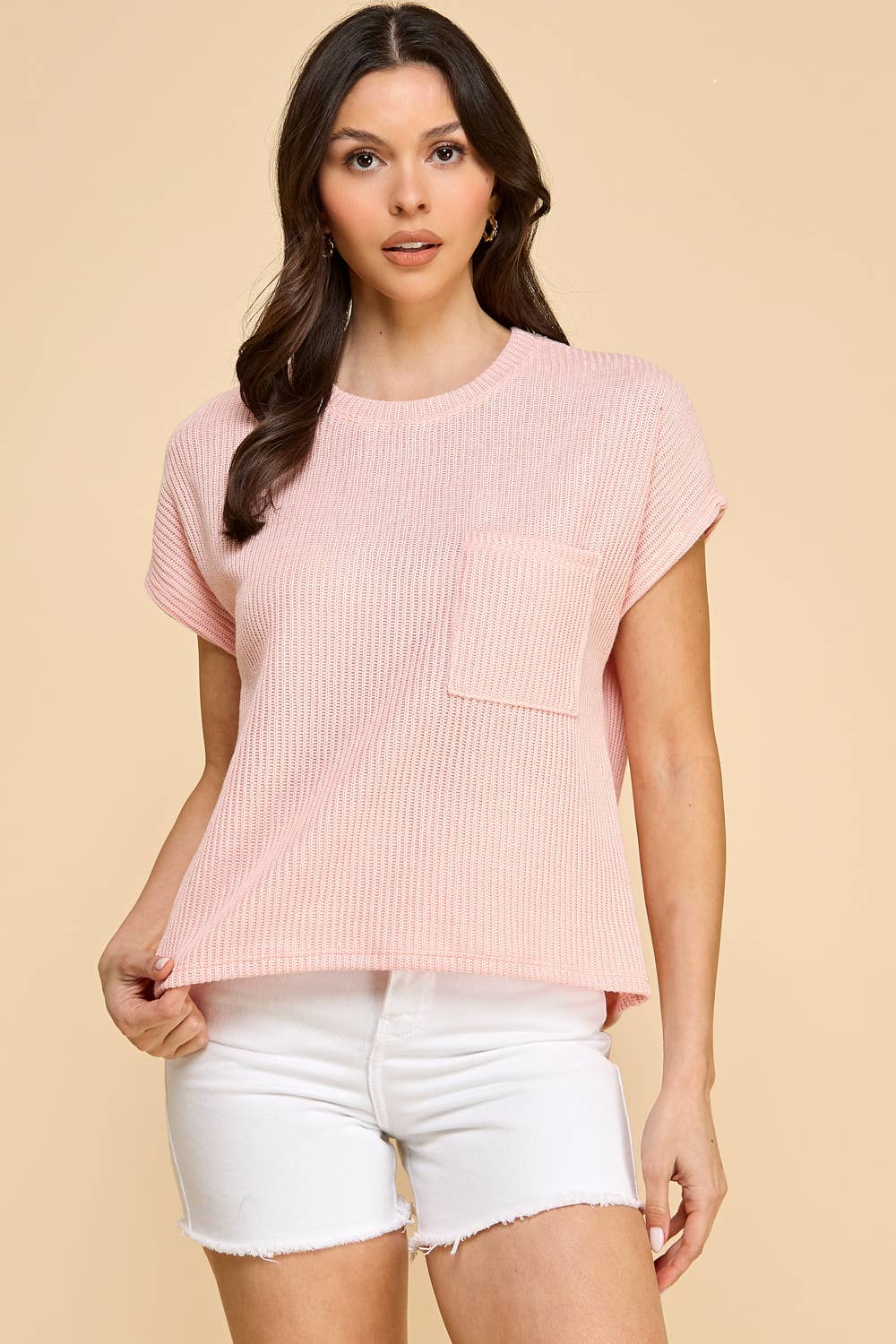 Knitted Solid Short Sleeve Top with Pockets