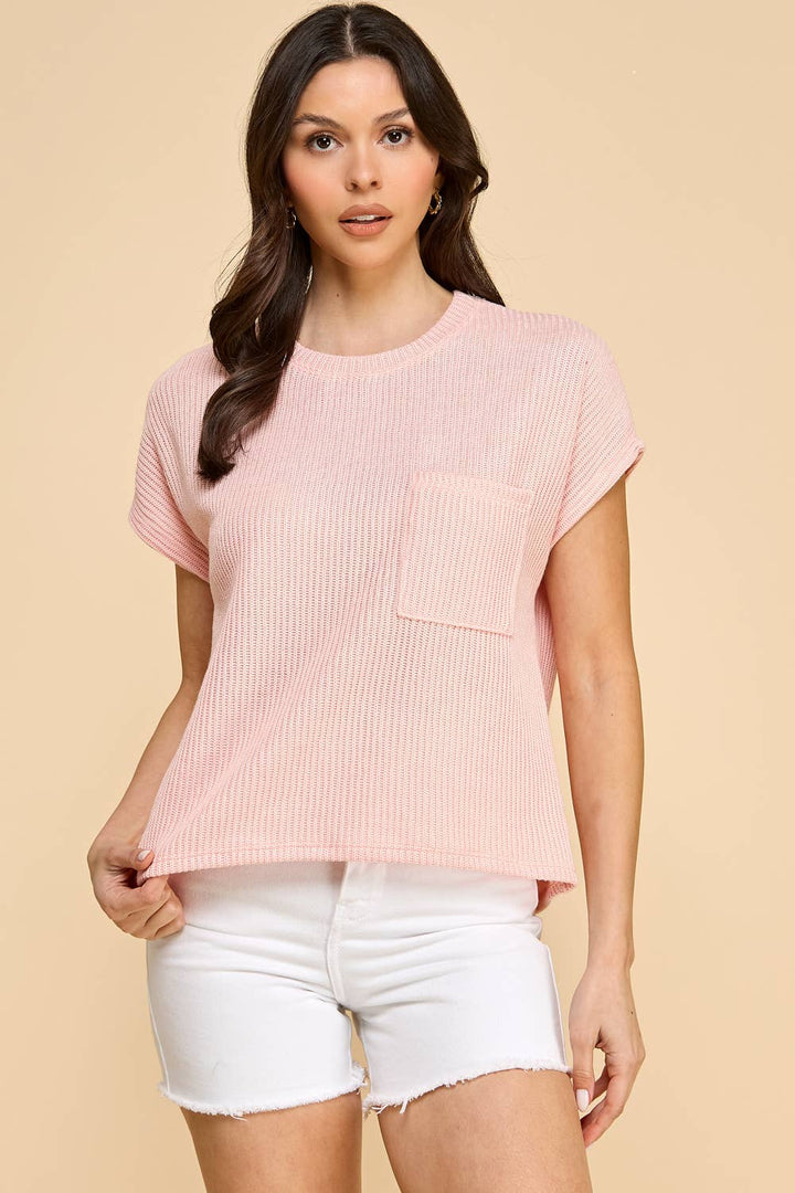Knitted Solid Short Sleeve Top with Pockets