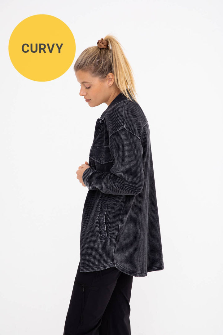 CURVY Waffle Knit Button Down Jacket