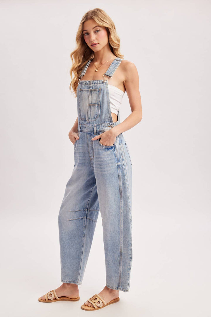 DENIM BARREL OVERALLS: DK.WASH / L