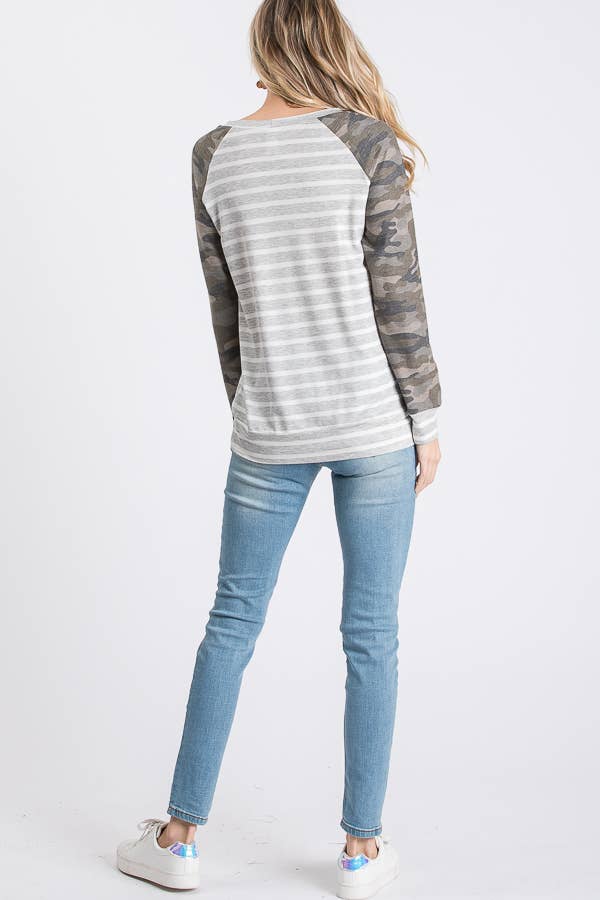 Striped Camo Print Raglan Top