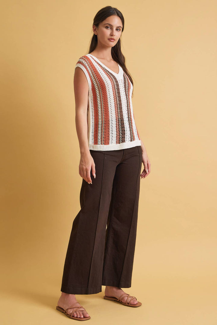MIXED METALLIC YARN STRIPED HAND CRAFT CROCHET KNIT VEST