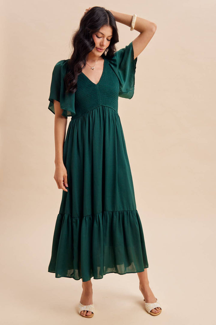 Smocked Washed Satin Dress