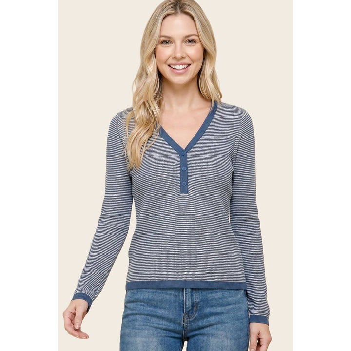V NENLEY NECK MINI WAFFLE STRIPED TOP