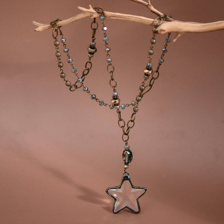 Boho Long Beaded Chain Link Necklace, Glass Crystal Star Pendant - 6299