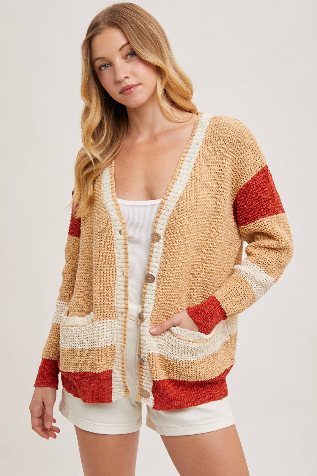 COLOR BLOCK BUTTON DOWN CARDIGAN