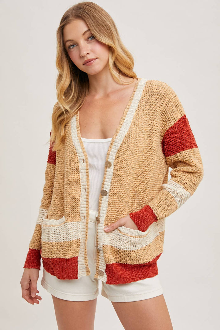 COLOR BLOCK BUTTON DOWN CARDIGAN