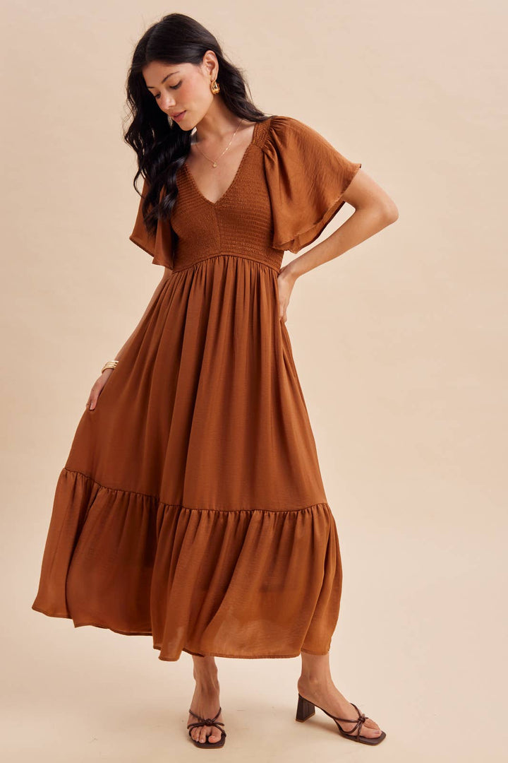 Smocked Washed Satin Dress