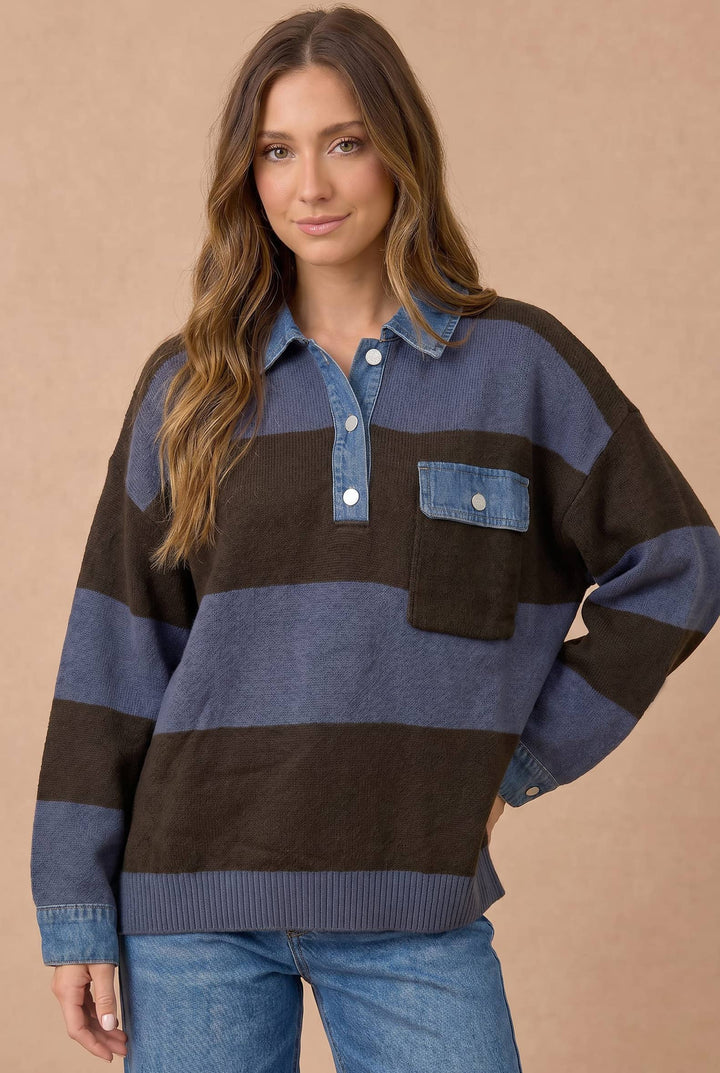 Striped Denim Collar Sweater Knit Top