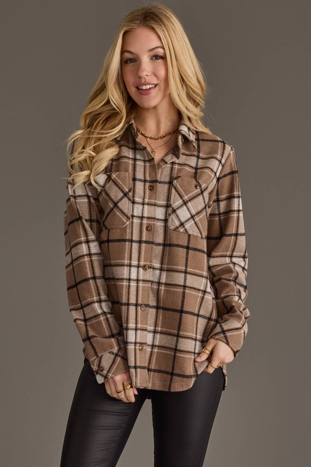 Tan, White & Black Plaid Button Up