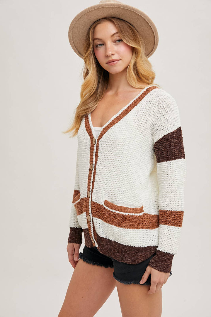 COLOR BLOCK BUTTON DOWN CARDIGAN
