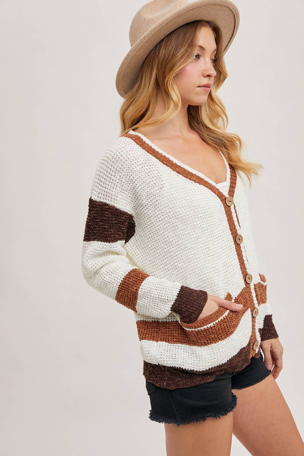 COLOR BLOCK BUTTON DOWN CARDIGAN