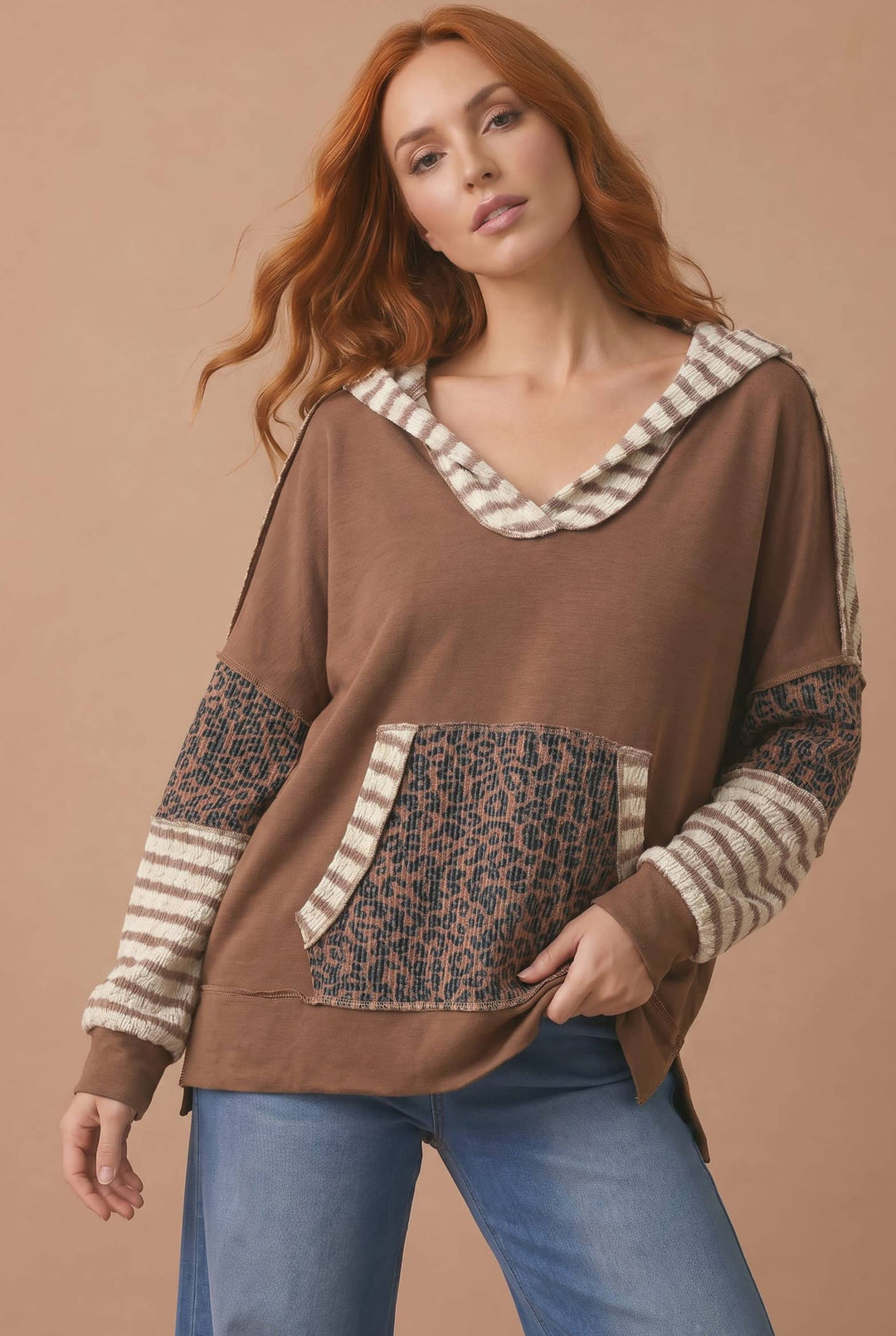 Leopard Mixed Kangaroo Pocket Pullover Hoodie