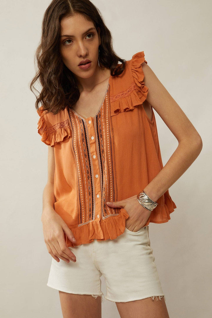 Audrey Anne Embroidered Frilled Top