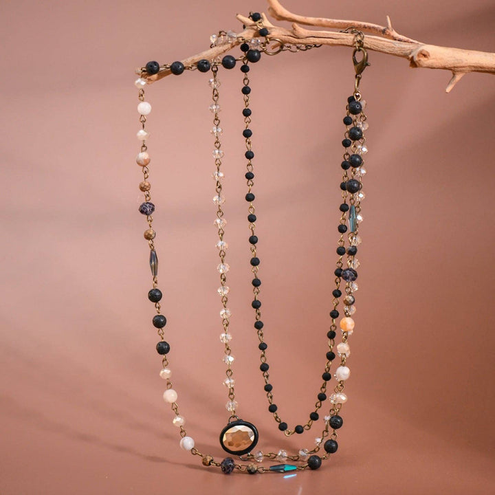 Triple Layered Mixed Glass Bead and Stone Necklace - 6909
