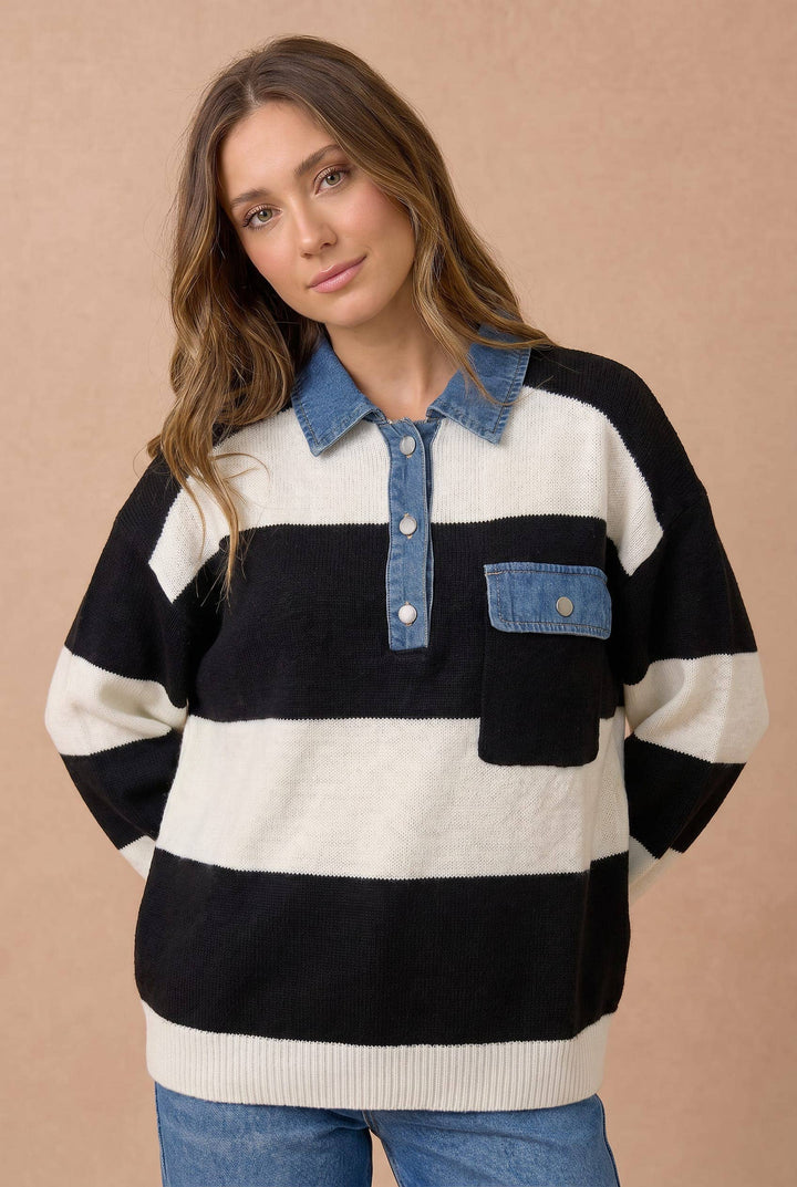 Striped Denim Collar Sweater Knit Top
