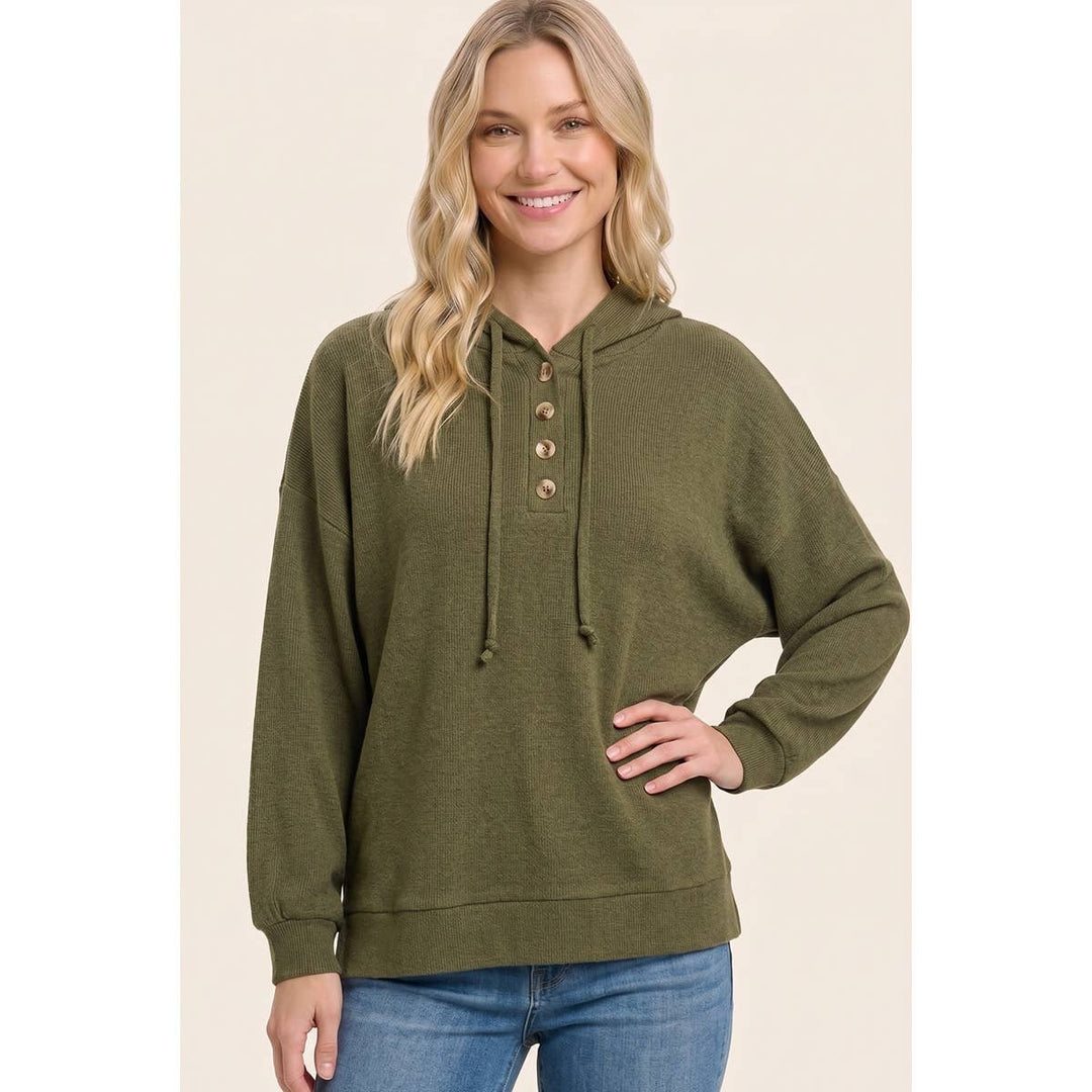 Brushed Rib Half Button Hoodie Top