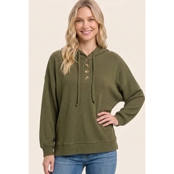 Brushed Rib Half Button Hoodie Top