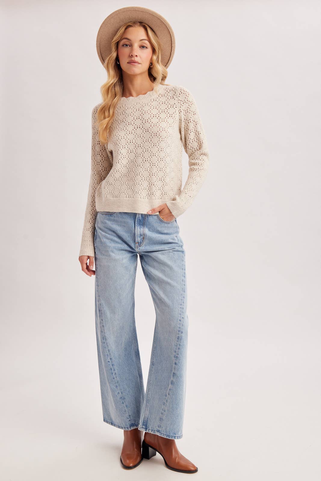 POINTELLE EYELET OPEN KNIT SCALLOPED NECK PULLOVER TOP