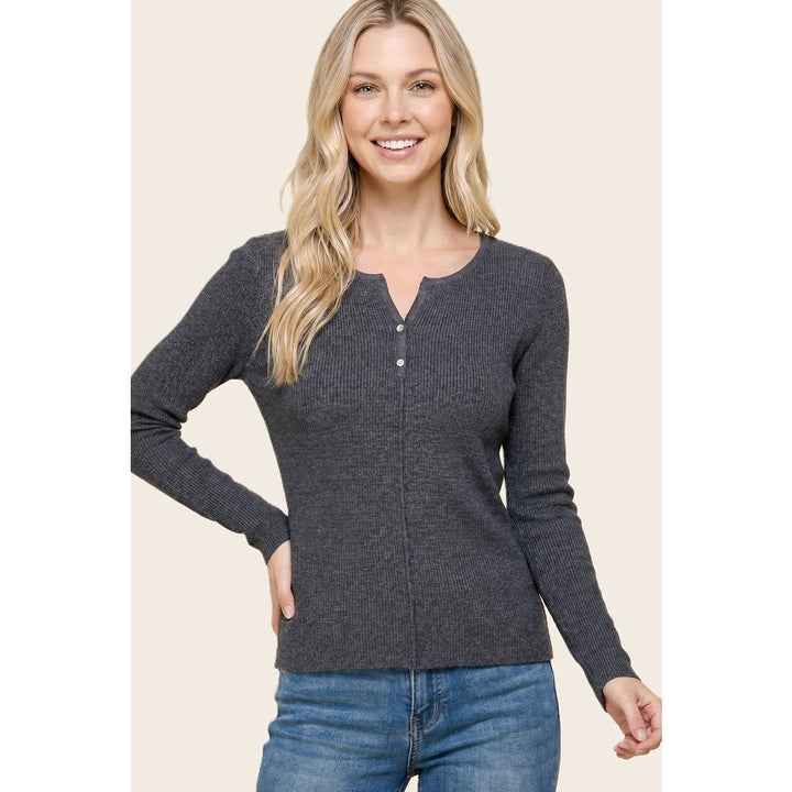 HENLEY BUTTON NECK RIBBED SWEATER