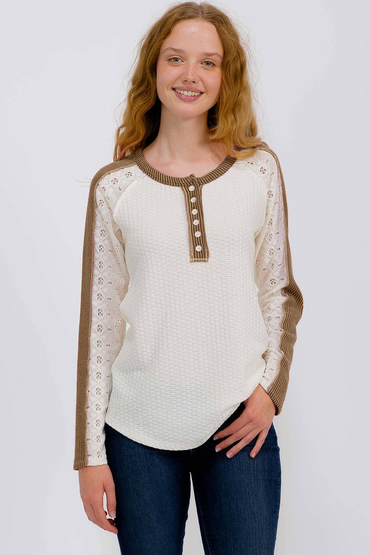 Waffle Knit Top With Eyelet Lace Sleeves