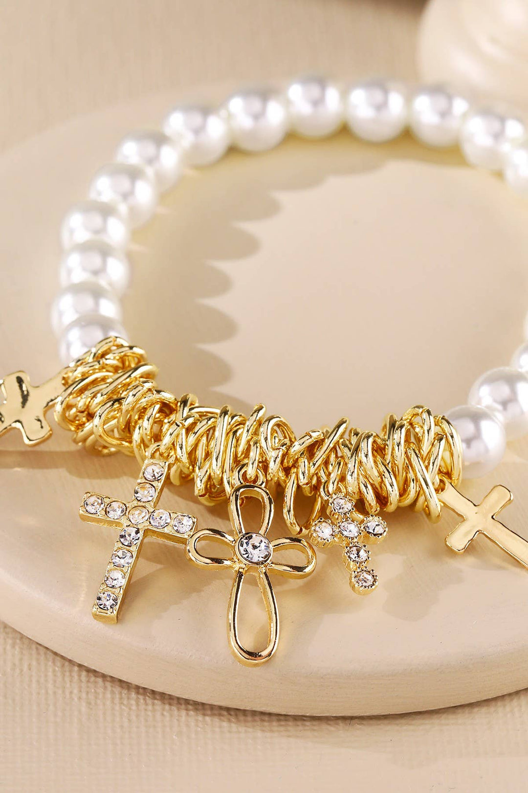 Pearl And Various Cross Charm Bracelet