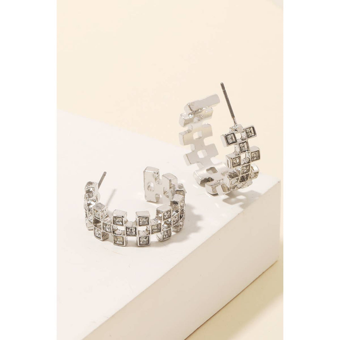 Checkered Rhinestone Squares Hoop Earrings