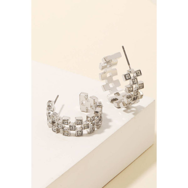 Checkered Rhinestone Squares Hoop Earrings