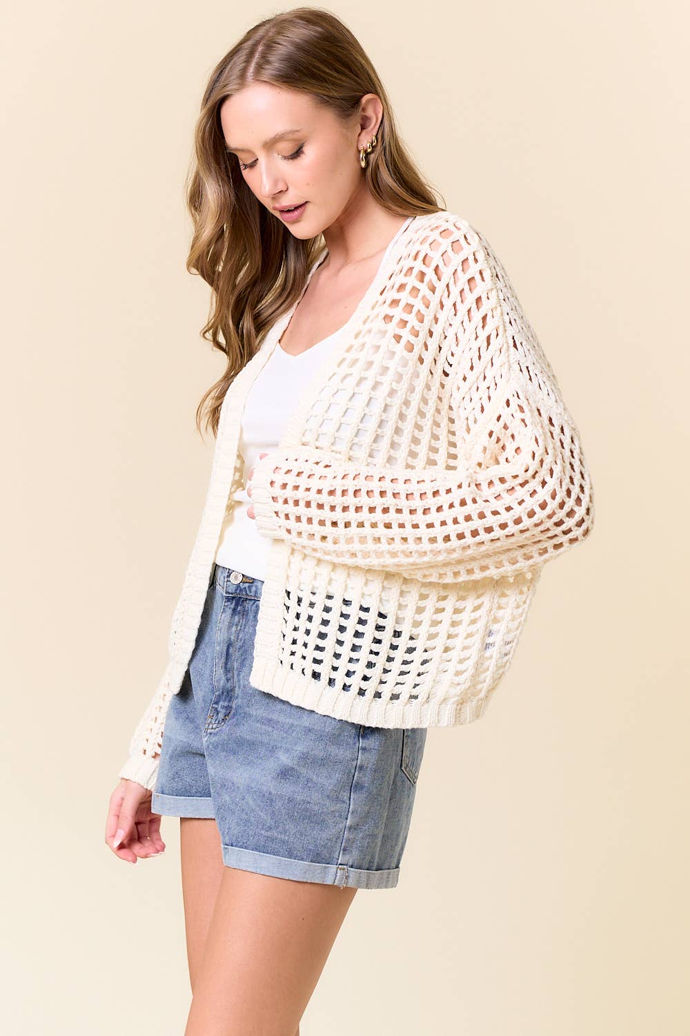 CROCHET FISHNET CROPPED OPEN CARDIGAN - 10685J