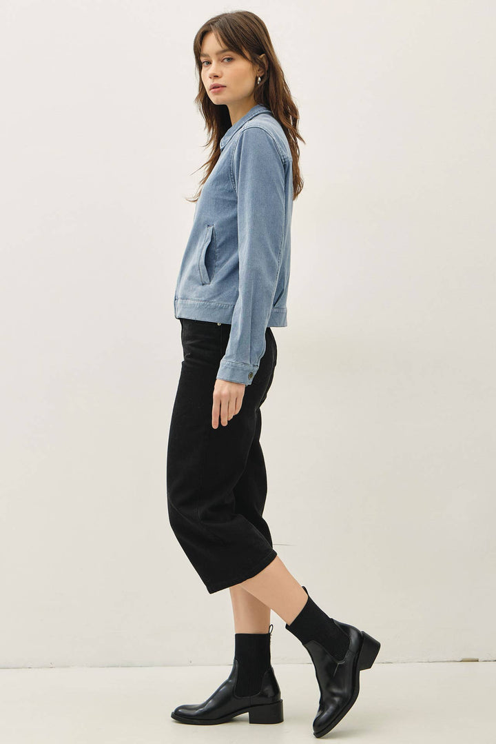 KNIT DENIM CROPPED ZIP UP JACKET