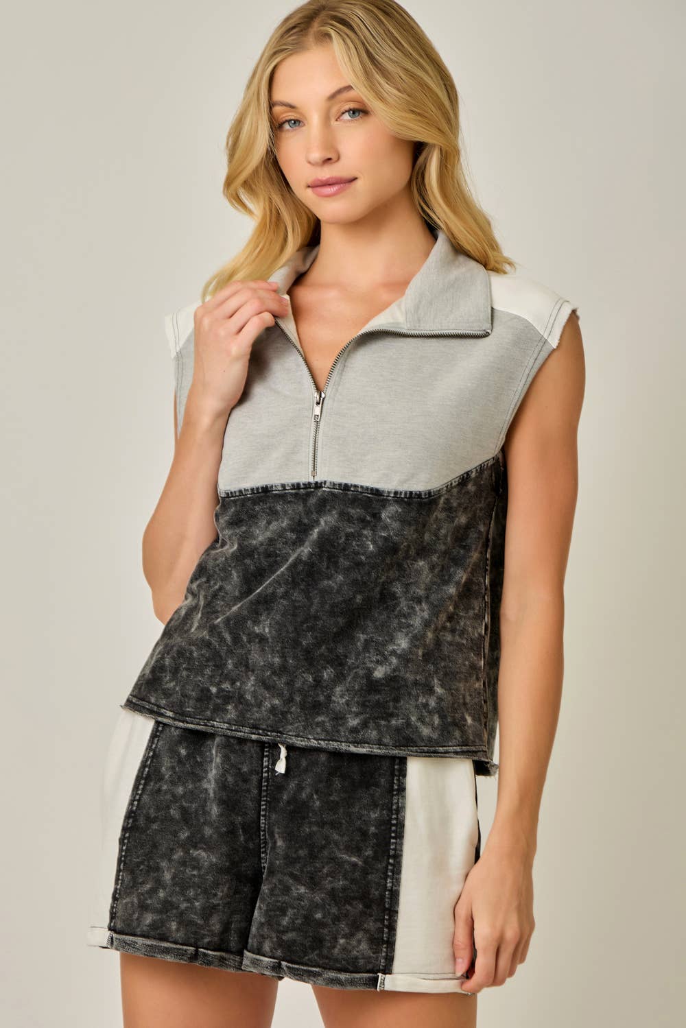 Color Blocked Terry Half Zip Top