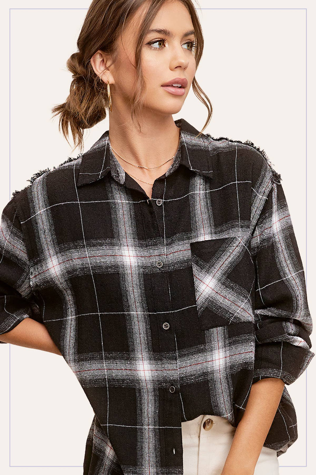 Raw Edge Detailed Plaid Shirt