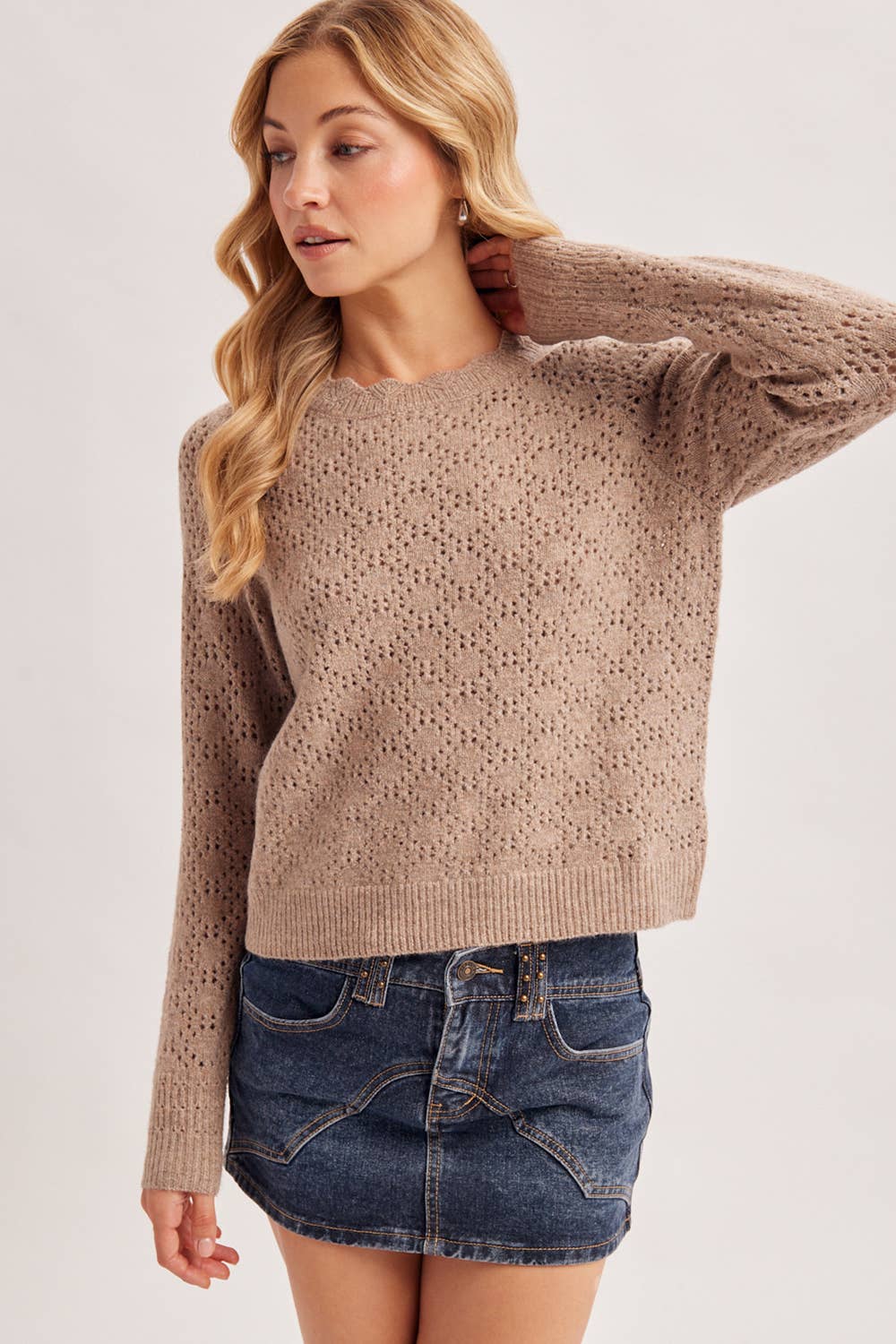 POINTELLE EYELET OPEN KNIT SCALLOPED NECK PULLOVER TOP