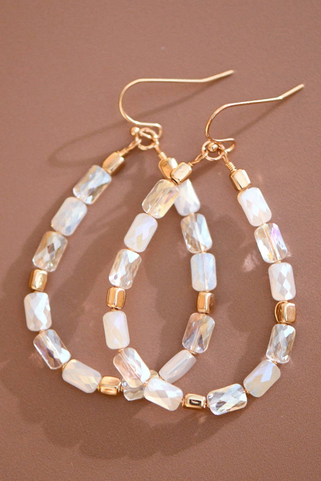 Teardrop Wire Beaded Glass Crystal Earrings - 7284