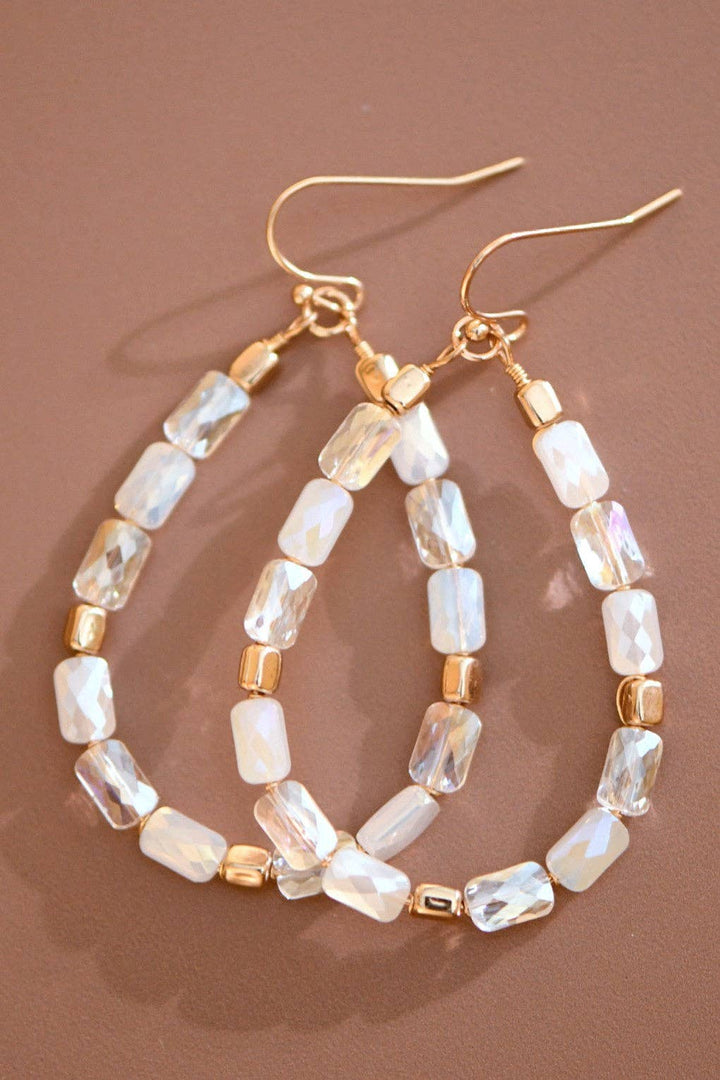 Teardrop Wire Beaded Glass Crystal Earrings - 7284