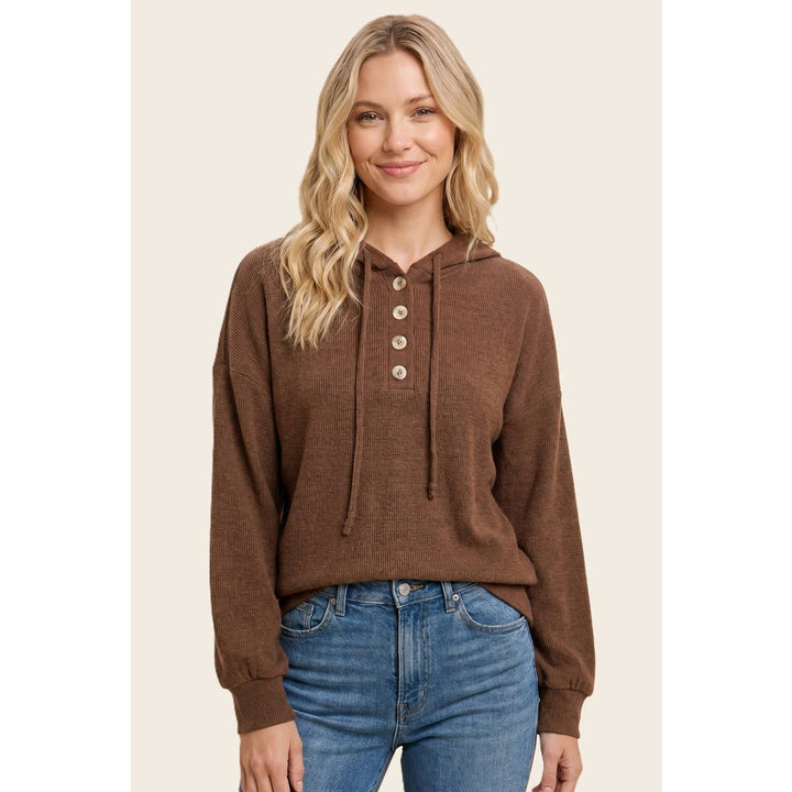 Brushed Rib Half Button Hoodie Top
