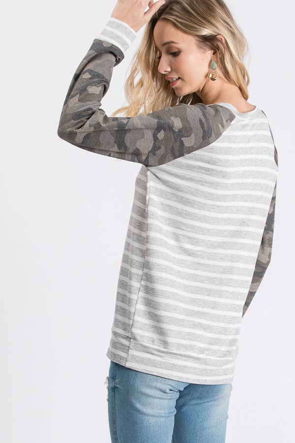 Striped Camo Print Raglan Top