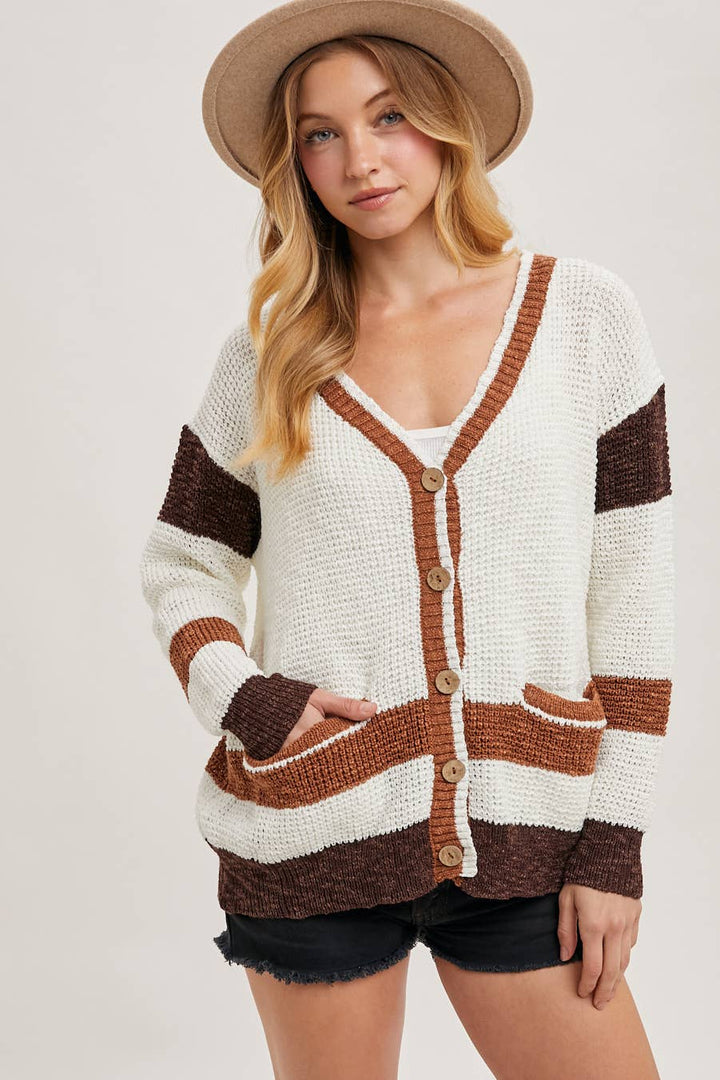COLOR BLOCK BUTTON DOWN CARDIGAN