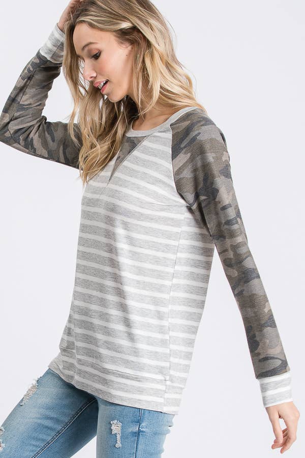 Striped Camo Print Raglan Top