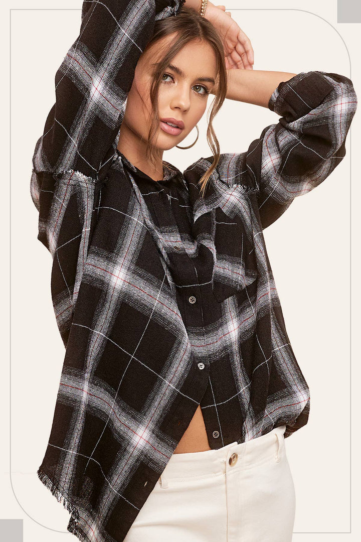 Raw Edge Detailed Plaid Shirt