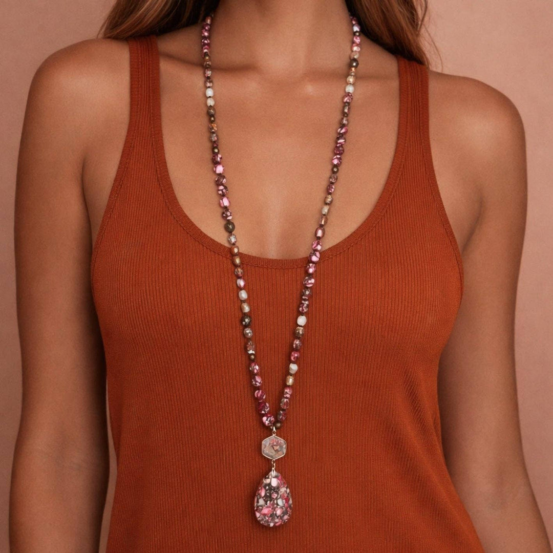 Stone Beaded Long Necklace, Large Stone Pendant - 7264