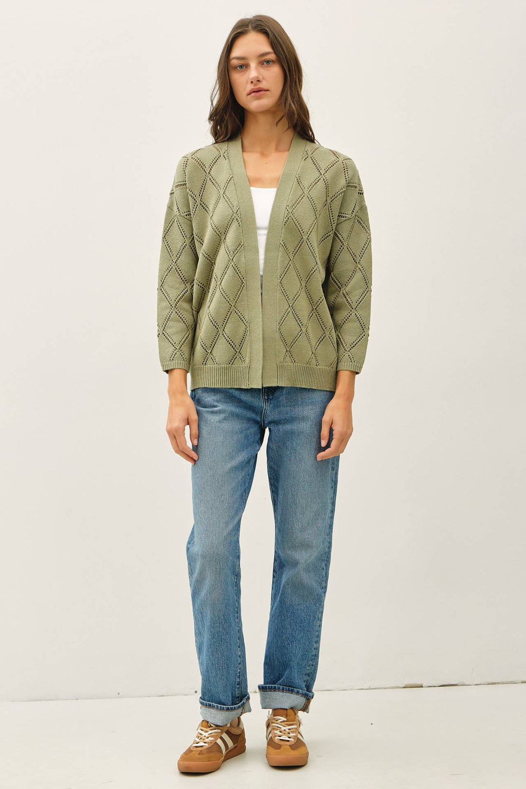 POINTELLE KNIT OPEN FRONT CARDIGAN